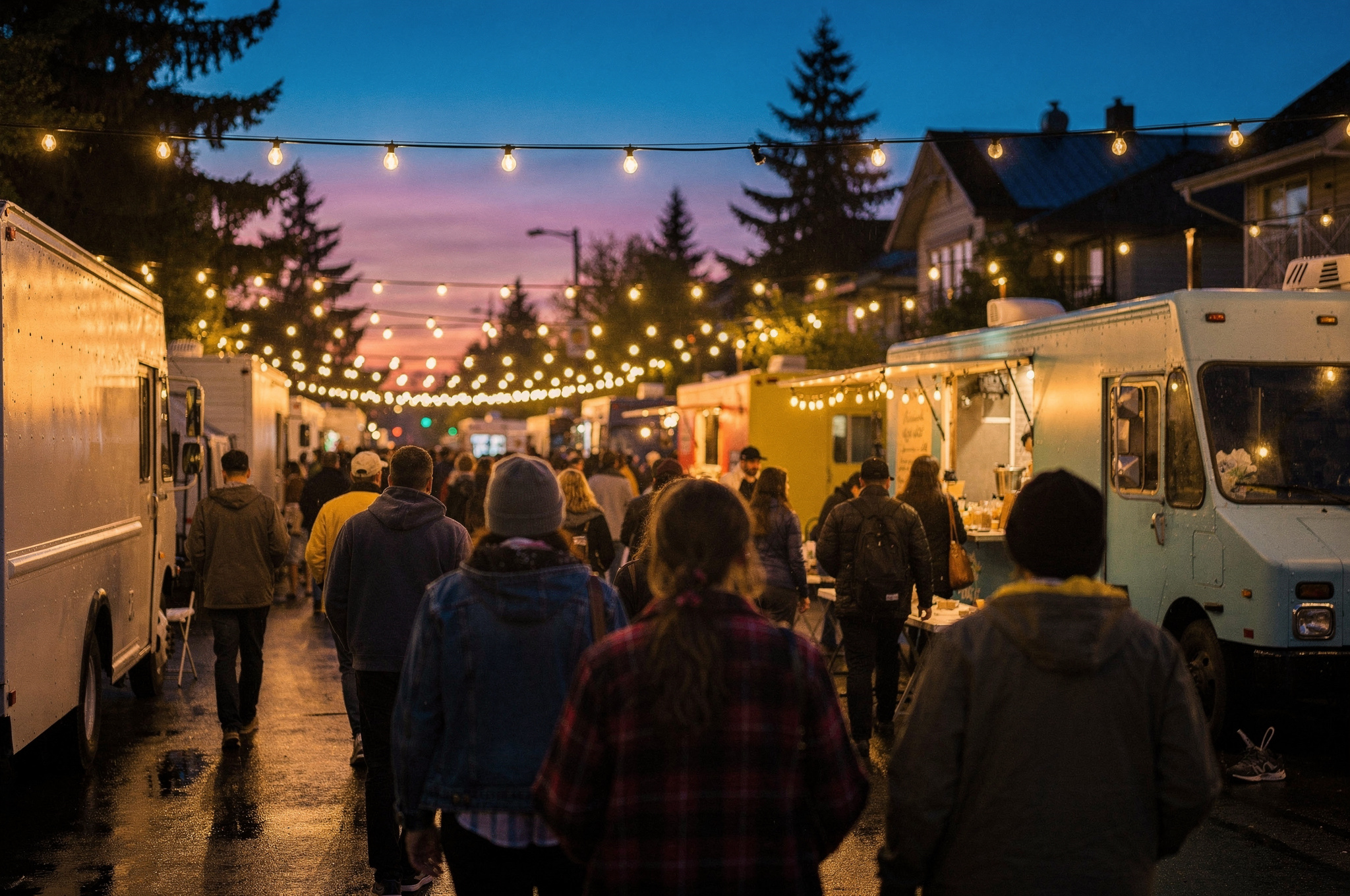 willowbrook street food fest directory v3 Langley: Neighbourhood Food Tour crowd walking through the Willowbrook street food festival in the evening | GPS: 49.142491, -122.528845
