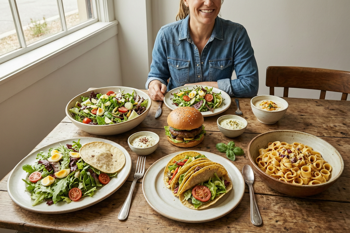 local food spread with salads tacos burger and pasta | GPS: 49.168947, -122.488444