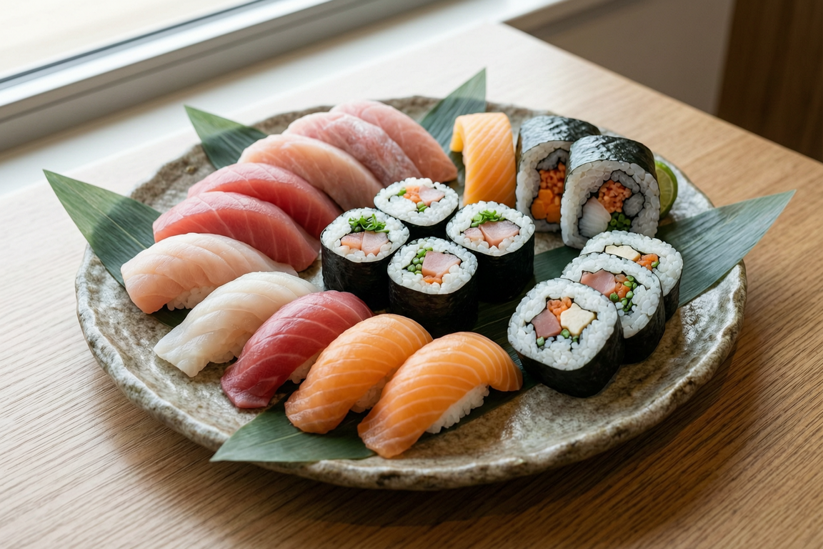 sushi platter with sashimi and local rolls ingredients | GPS: 49.136872, -122.537426