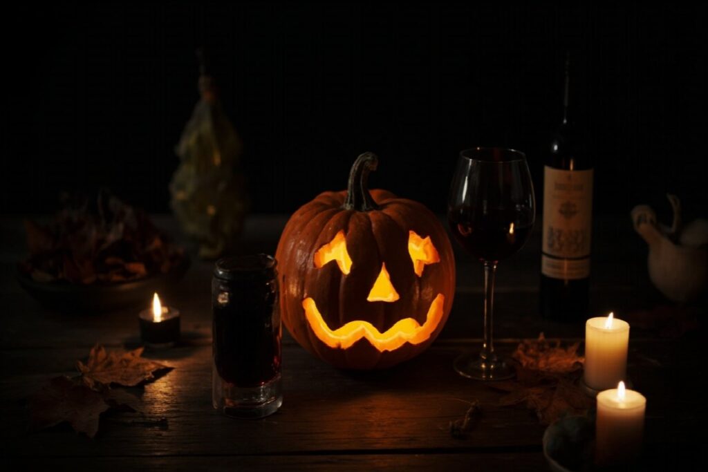 A carved jack-o-lantern beside a glass of red wine