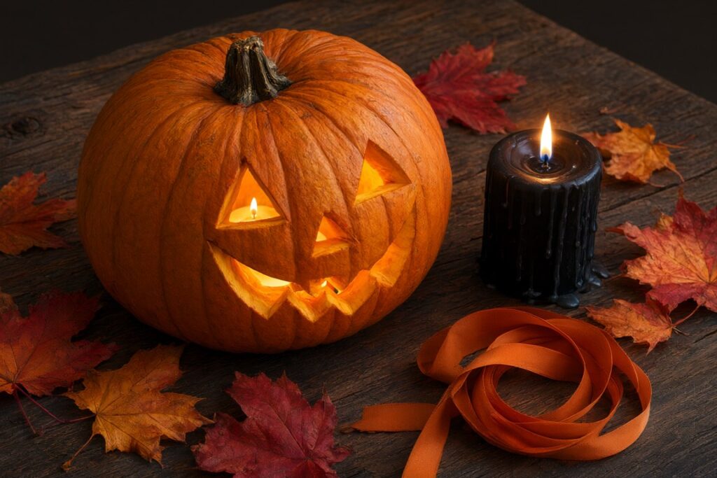 A carved pumpkin lit from a candle beside autumn leaves and an orange ribbon