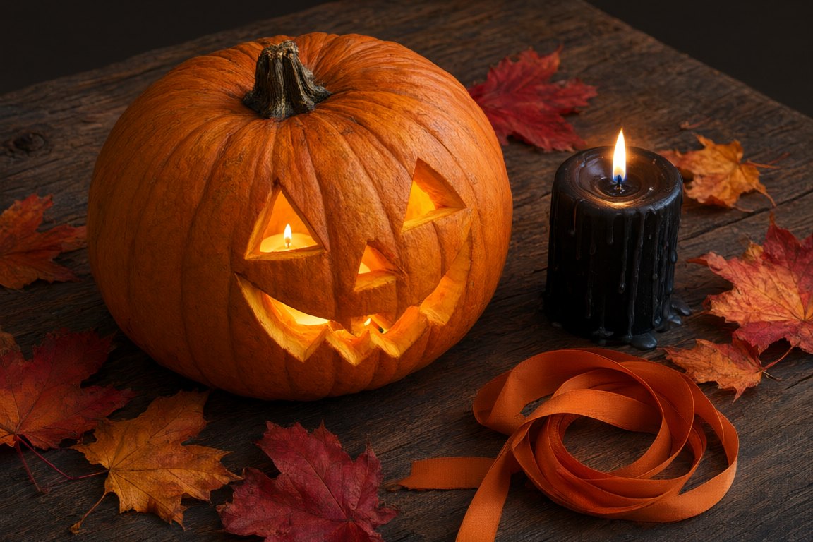 A carved pumpkin lit from a candle beside autumn leaves and an orange ribbon