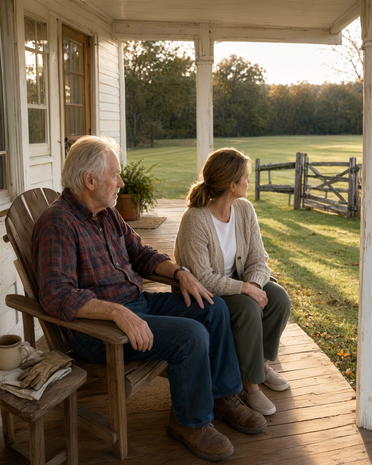 An older man and a caregiver sitting on a farmhouse porch in the late afternoon