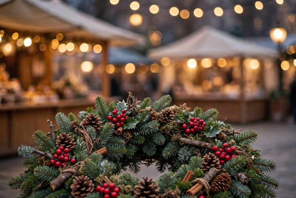 Christmas wreath with red berries and pinecones