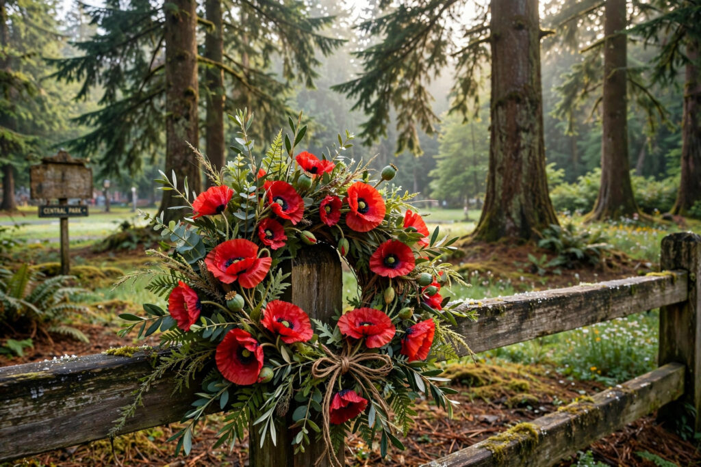 A red poppy wreath in a small town park with tall Douglas fir trees, morning light, no people