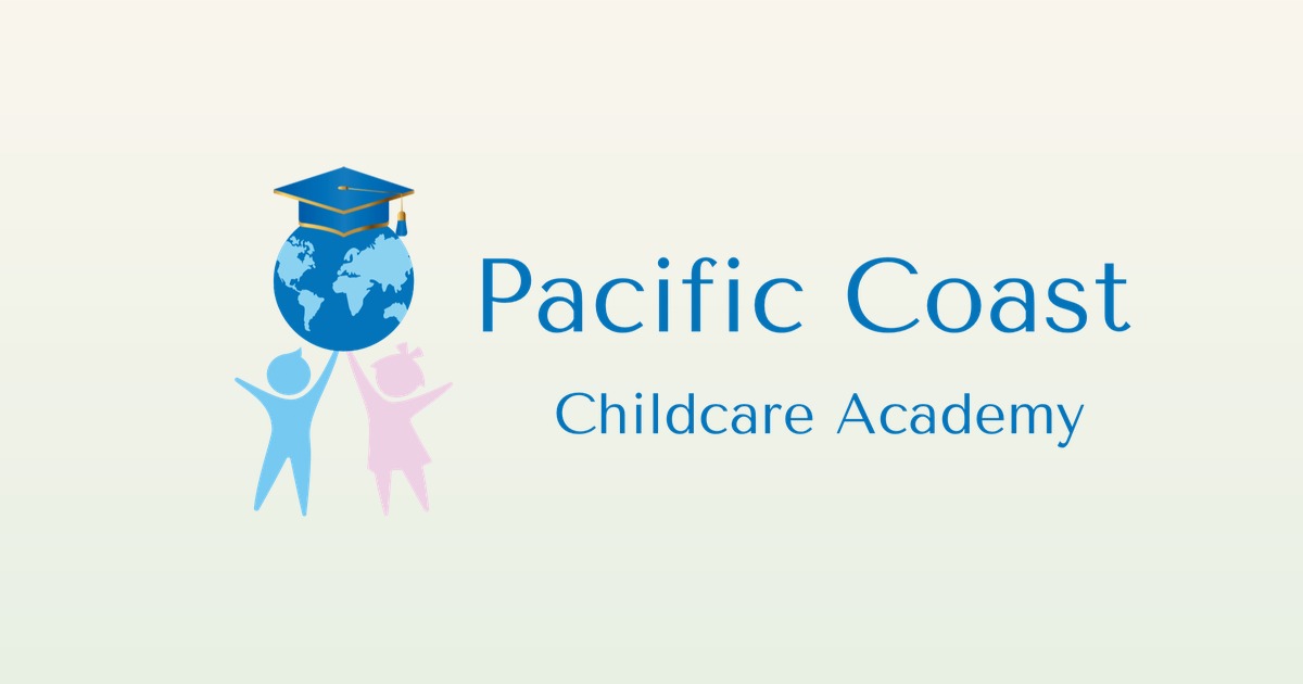 Pacific Coast Childcare Academy logo: two children lifting a globe topped with a graduation cap beside the academy name