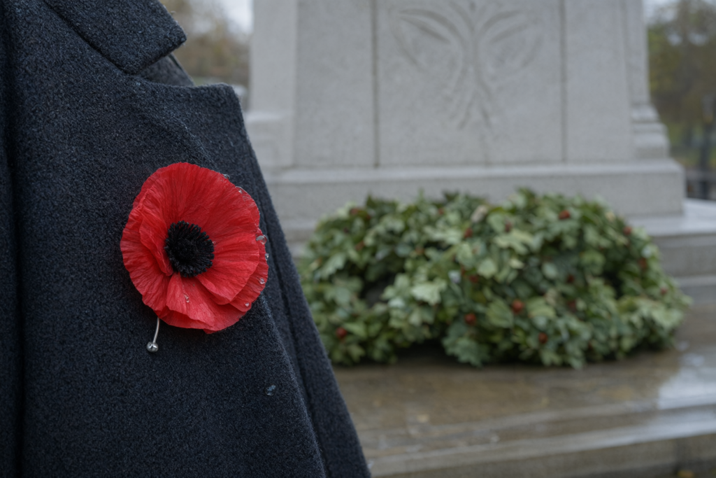 A red remembrance poppy in sharp focus with a blurred park cenotaph behind it
