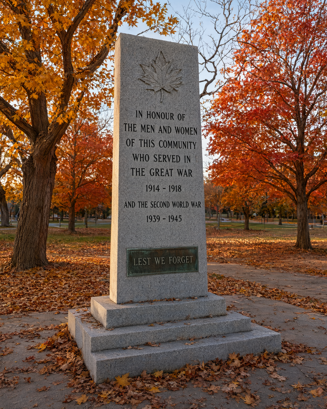 A civic war memorial surrounded by autumn maple trees