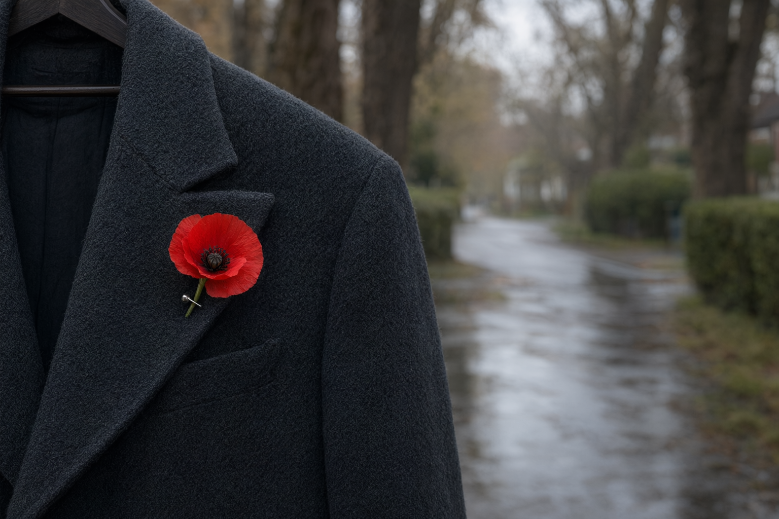 A rain-washed street leading toward a downtown cenotaph